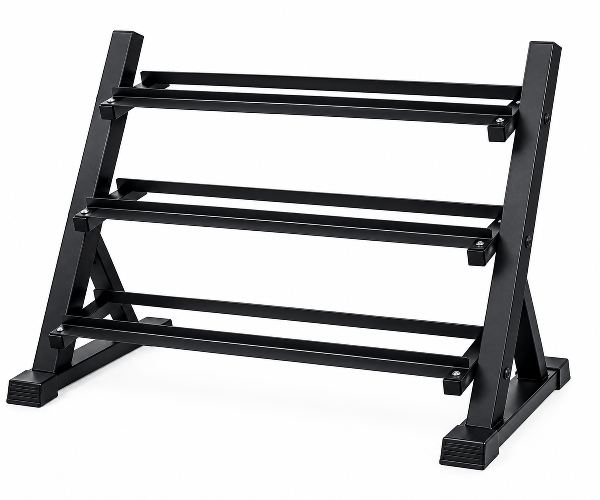 36" 3 tier rack is a black metal dumbbell stand with three open horizontal storage rails and angled supports.