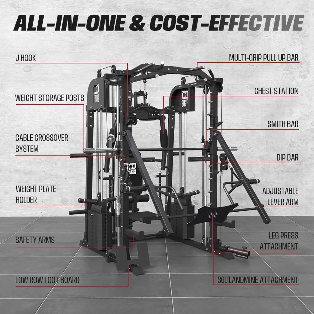 smithmachine with Weight Bench Combo, Home Gym with Dual Weight Stacks, 4000LBS Power Cage Squat Rack with Lever Arm, Leg Press, LAT Pull Down, Cable Crossover Machine for Full Body Training, Black