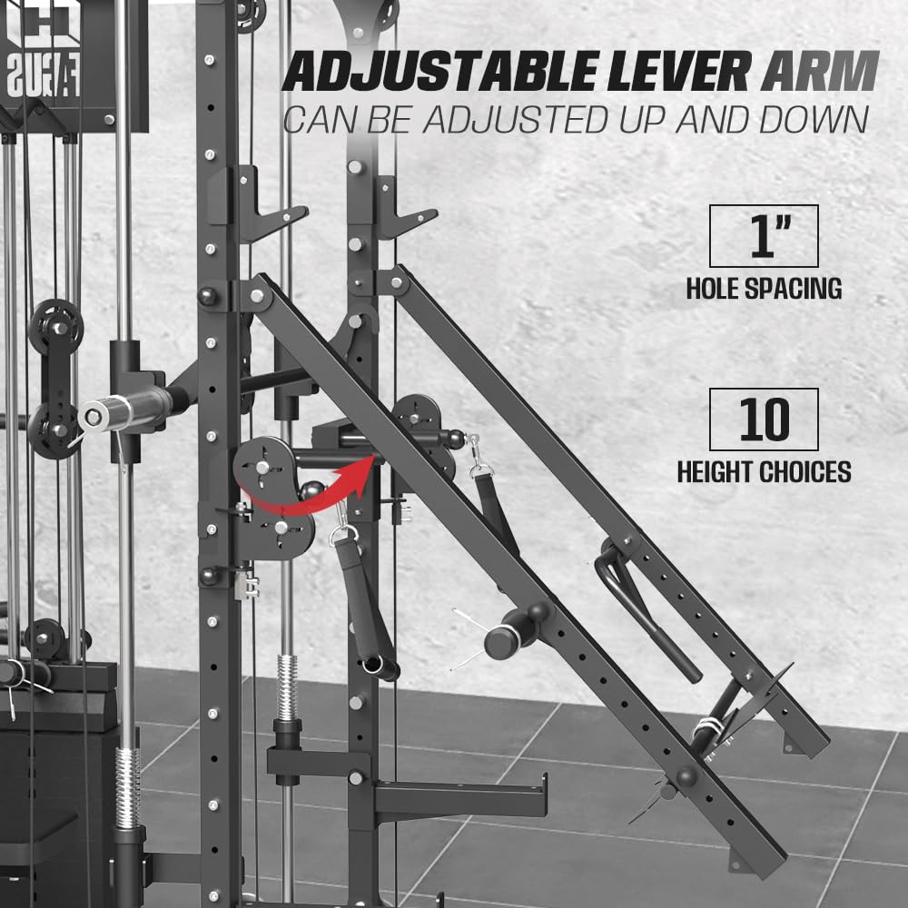 smithmachine with Weight Bench Combo, Home Gym with Dual Weight Stacks, 4000LBS Power Cage Squat Rack with Lever Arm, Leg Press, LAT Pull Down, Cable Crossover Machine for Full Body Training, Black