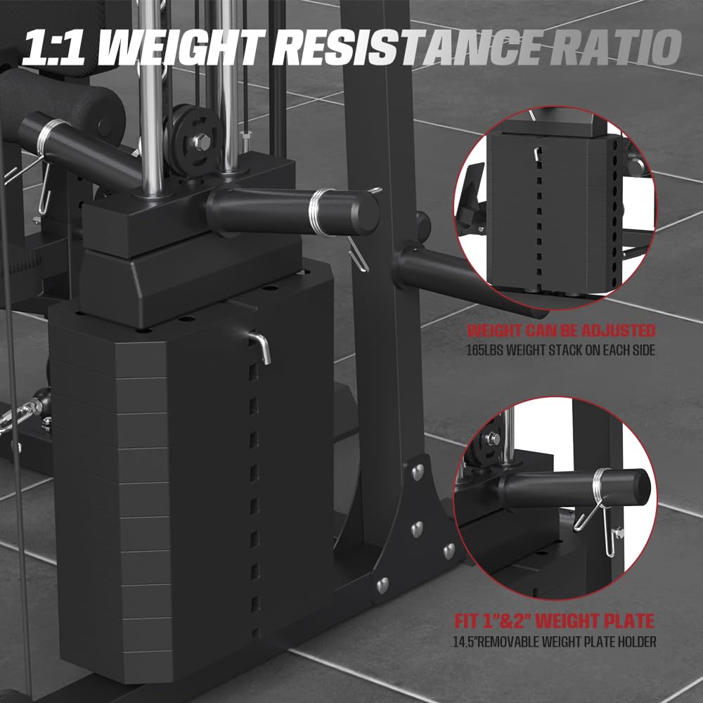 smithmachine with Weight Bench Combo, Home Gym with Dual Weight Stacks, 4000LBS Power Cage Squat Rack with Lever Arm, Leg Press, LAT Pull Down, Cable Crossover Machine for Full Body Training, Black