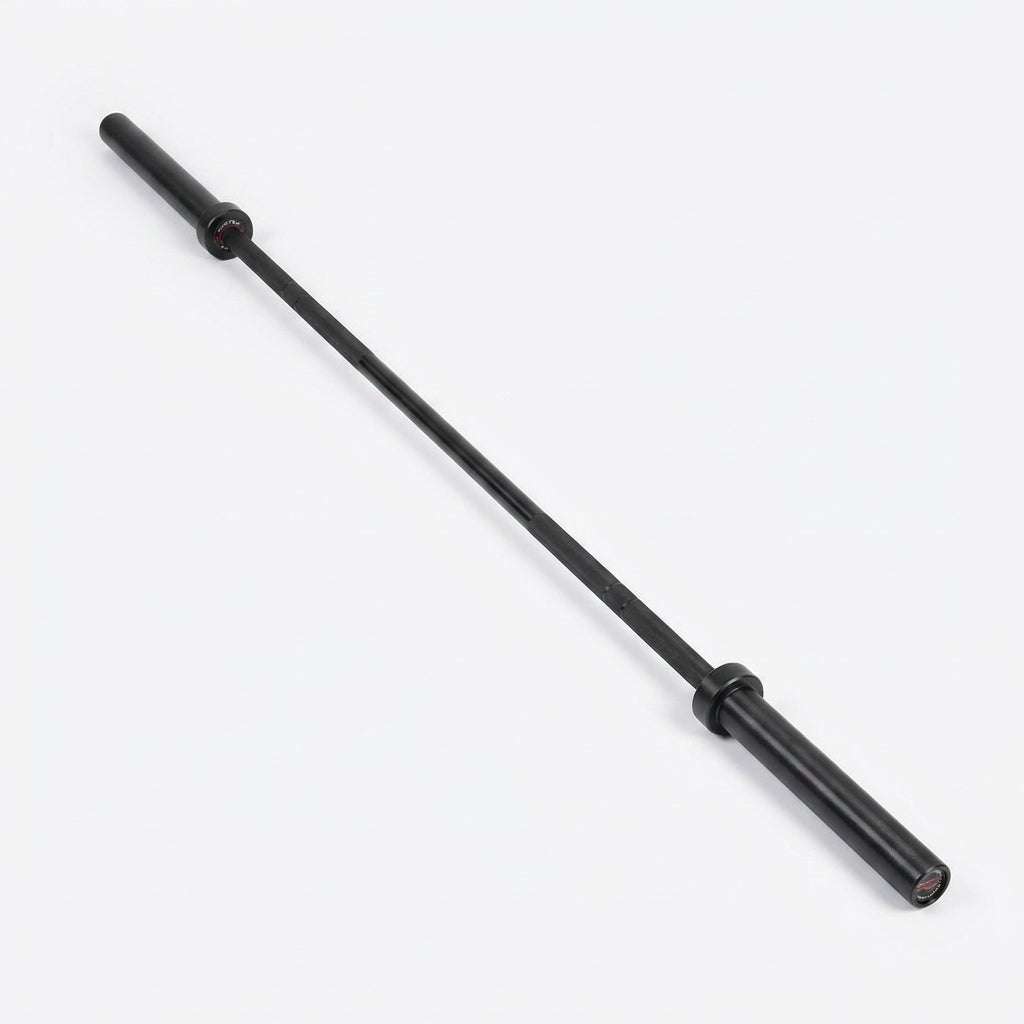 7 ft Olympic power bar in black metal with smooth sleeves, a knurled shaft and subtle red end details