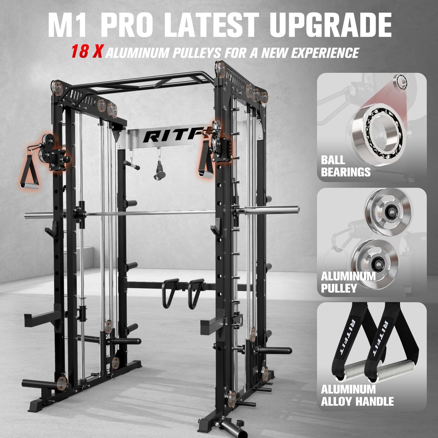 RitFit M1 Pro SmithMachine with Cable Crossover System, Multi-Function Squat Rack Power Cage for Home Gym, Power Rack and Packages Black(bp260 Package)