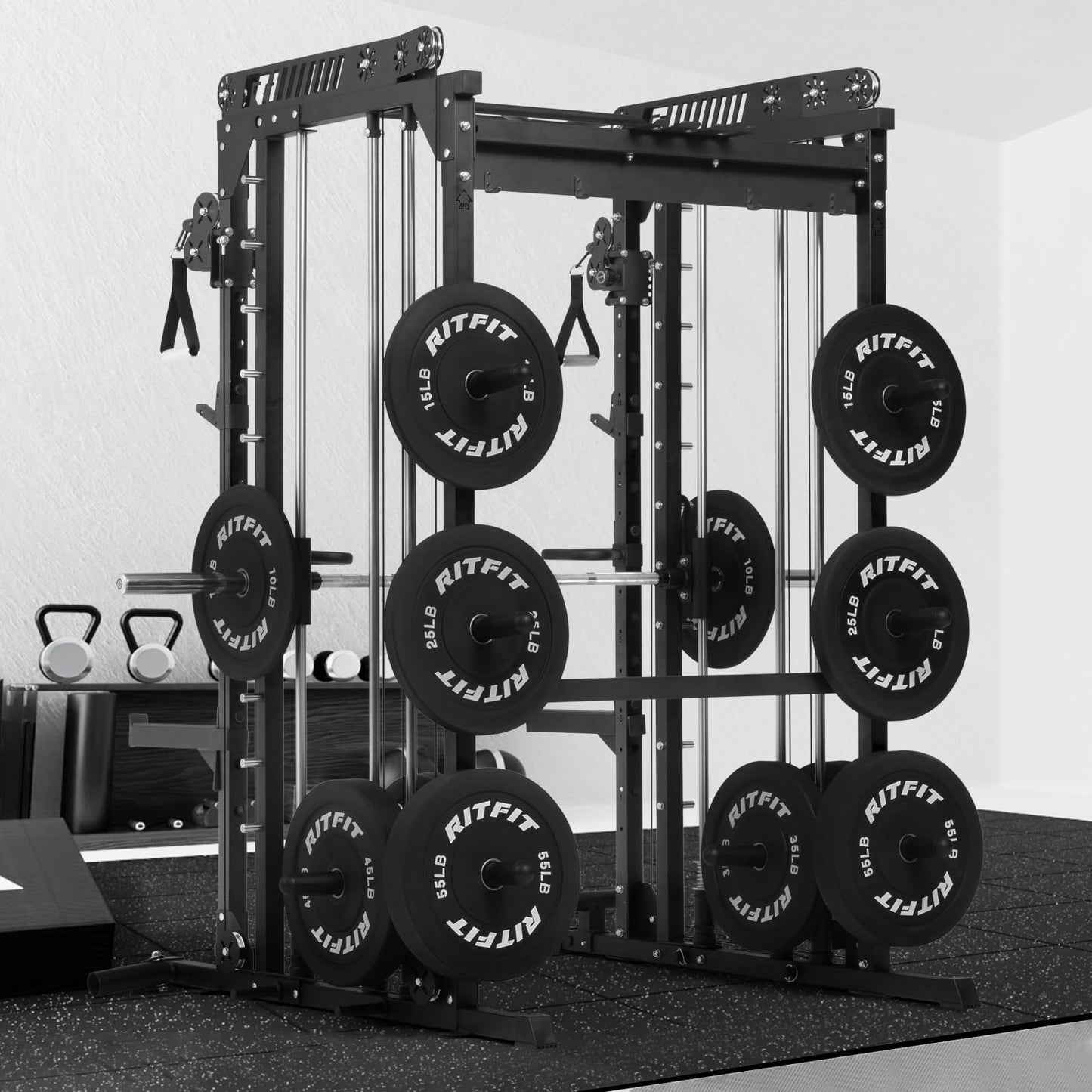 RitFit M1 Pro SmithMachine with Cable Crossover System, Multi-Function Squat Rack Power Cage for Home Gym, Power Rack and Packages Black(bp260 Package)
