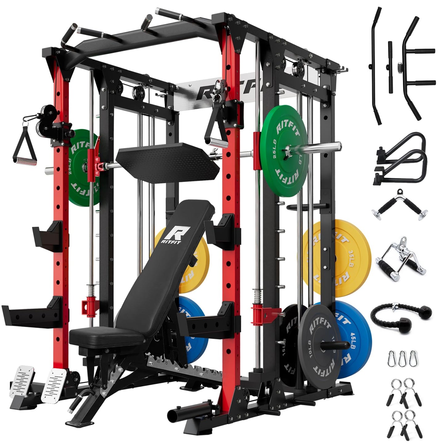 RitFit Buffalo Smith Machine, Power cage with LAT-Pull Down System & Cable Crossover System, All-in-One Squat Rack for Home Gym, Power Rack