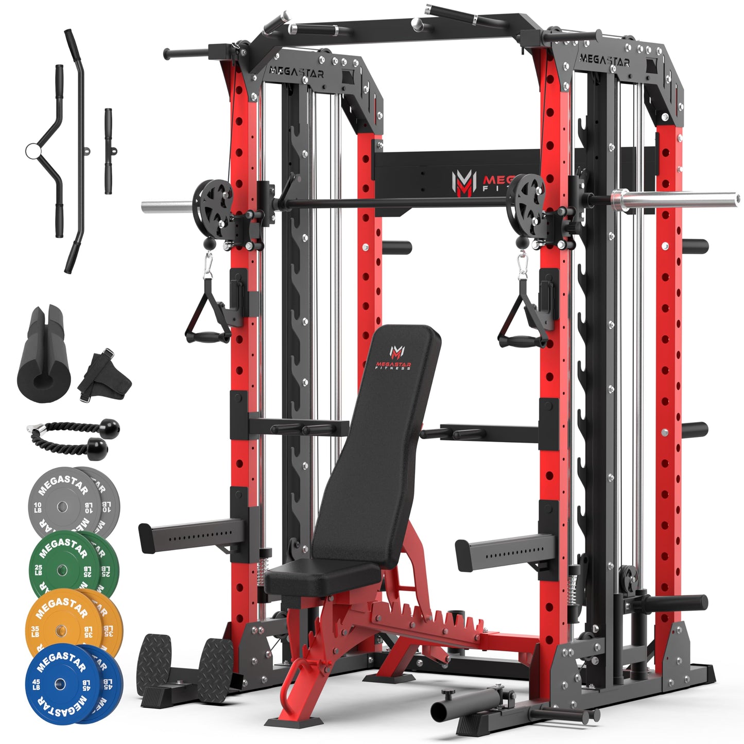 MEGASTAR Smith Machine Home Gym Package - 2000lbs Capacity All-in-One Power Rack with Cable Crossover for Home Gym& Garage, Includes 18 Attachments, P107 Anvil Red