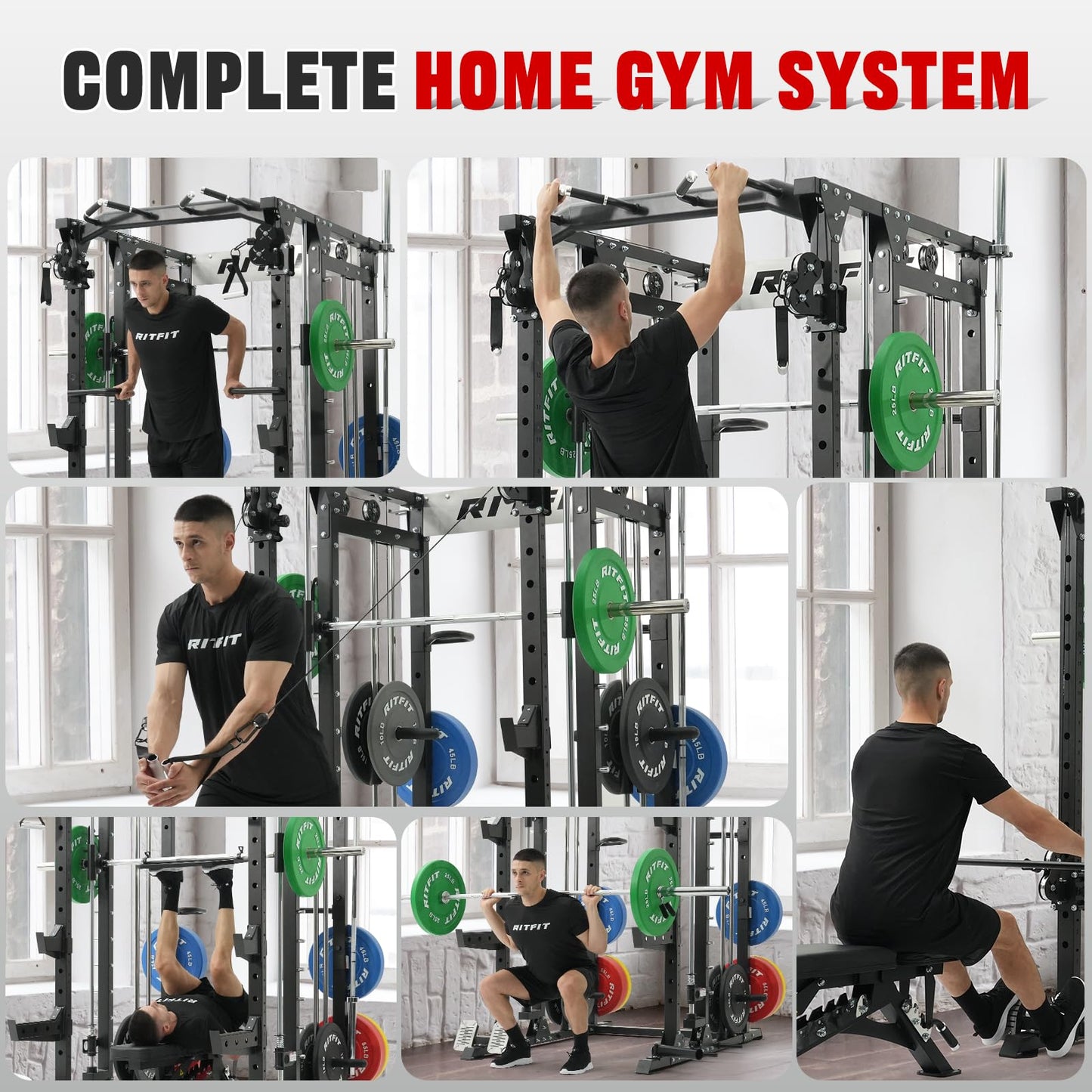 RitFit Buffalo Smith Machine, Power cage with LAT-Pull Down System & Cable Crossover System, All-in-One Squat Rack for Home Gym, Power Rack