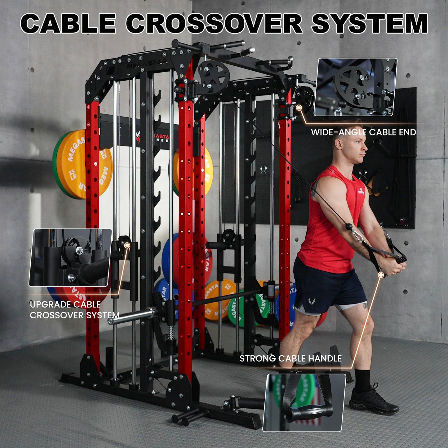 MEGASTAR Smith Machine Home Gym Package - 2000lbs Capacity All-in-One Power Rack with Cable Crossover for Home Gym& Garage, Includes 18 Attachments, P107 Anvil Red