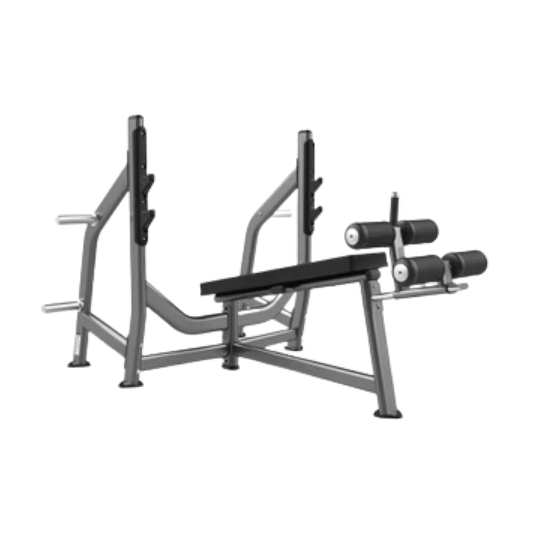 Decline Bench - Olympic - Muscle D Fitness - Padded Foot Rollers - Plate Storage