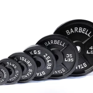 Metal Plates (2x45, 2x35, 2x25, 2x10, 2x5, 2x2.5 LB w/7 ft olympic barbell/clips)