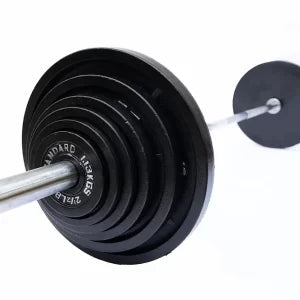 Metal Plates (2x45, 2x35, 2x25, 2x10, 2x5, 2x2.5 LB w/7 ft olympic barbell/clips)