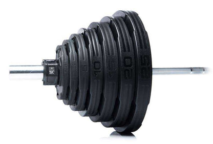 2.5lb Nucleus Urethane Grip Disc, black urethane plates with raised weight numbers and textured grip edges stacked on a bar