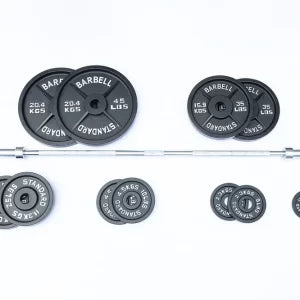 Metal Plates (2x45, 2x35, 2x25, 2x10, 2x5, 2x2.5 LB w/7 ft olympic barbell/clips)