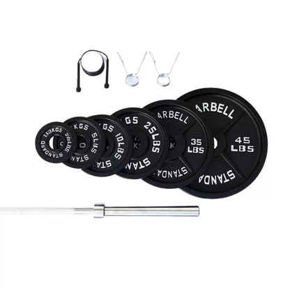 Metal Plates (2x45, 2x35, 2x25, 2x10, 2x5, 2x2.5 LB w/7 ft olympic barbell/clips)
