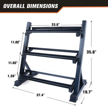 36" 3 tier rack in black metal with three slanted dumbbell storage levels and sturdy angled side supports
