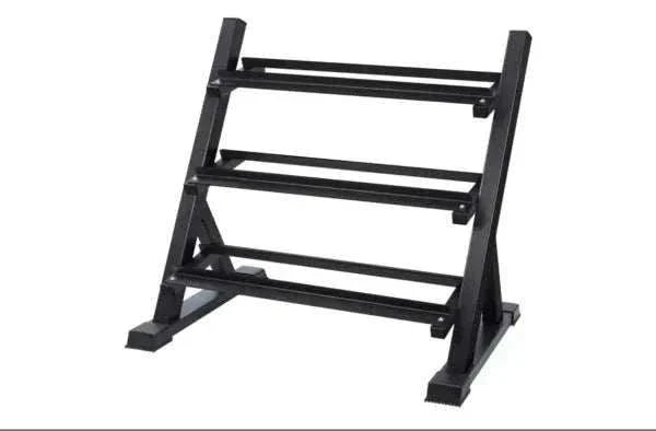 36" 3 tier rack in black metal with three horizontal dumbbell storage rails and a sturdy angled frame