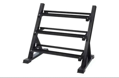 36" 3 tier rack in black metal with three horizontal dumbbell storage rails and a sturdy angled frame