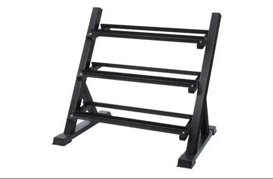36" 3 tier rack in black metal with three horizontal dumbbell storage rails and a sturdy angled frame