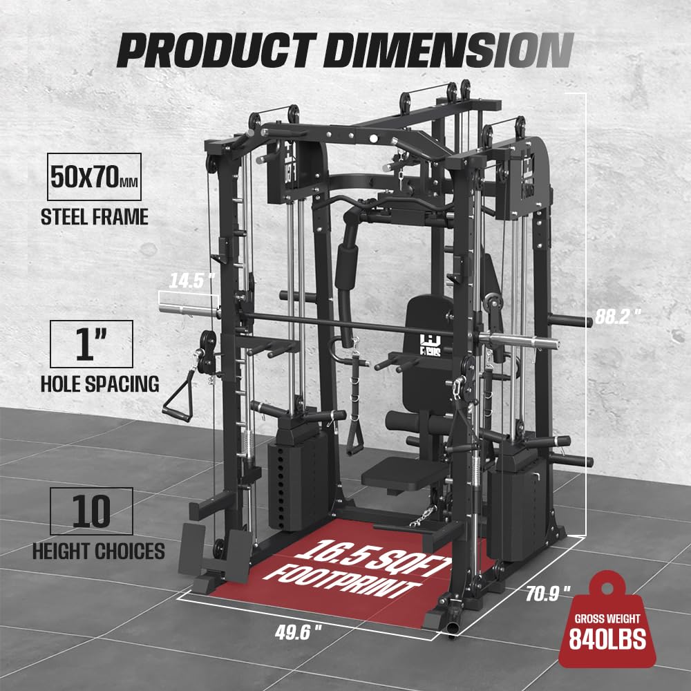 smithmachine with Weight Bench Combo, Home Gym with Dual Weight Stacks, 4000LBS Power Cage Squat Rack with Lever Arm, Leg Press, LAT Pull Down, Cable Crossover Machine for Full Body Training, Black