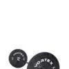 7 ft Olympic power bar with a black finish and round weight plates featuring white lettering