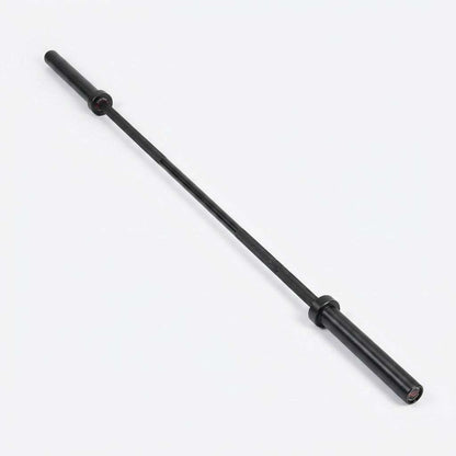 7 ft Olympic power bar in black metal with smooth sleeves, a knurled shaft and subtle red end details