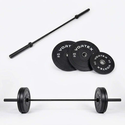 7 ft Olympic power bar in black metal with diamond knurling, shown with black Vortex weight plates and loaded barbell