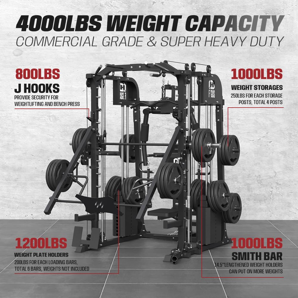 smithmachine with Weight Bench Combo, Home Gym with Dual Weight Stacks, 4000LBS Power Cage Squat Rack with Lever Arm, Leg Press, LAT Pull Down, Cable Crossover Machine for Full Body Training, Black