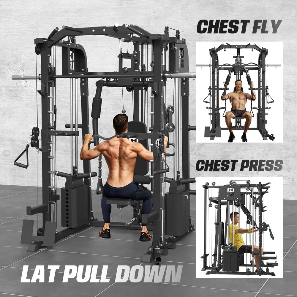 smithmachine with Weight Bench Combo, Home Gym with Dual Weight Stacks, 4000LBS Power Cage Squat Rack with Lever Arm, Leg Press, LAT Pull Down, Cable Crossover Machine for Full Body Training, Black