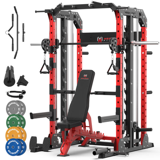 MEGASTAR Smith Machine Home Gym Package - 2000lbs Capacity All-in-One Power Rack with Cable Crossover for Home Gym& Garage, Includes 18 Attachments, P107 Anvil Red
