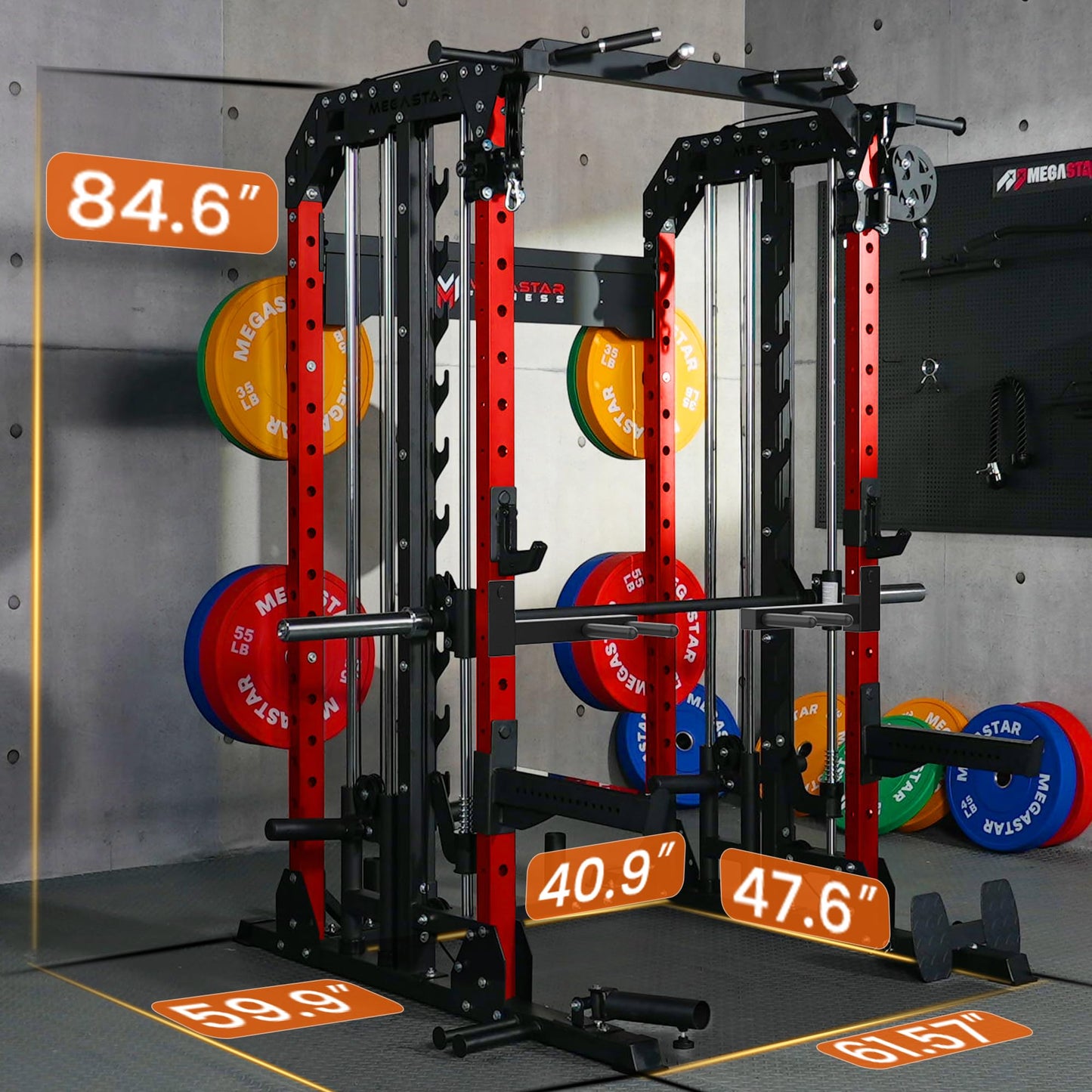 MEGASTAR Smith Machine Home Gym Package - 2000lbs Capacity All-in-One Power Rack with Cable Crossover for Home Gym& Garage, Includes 18 Attachments, P107 Anvil Red