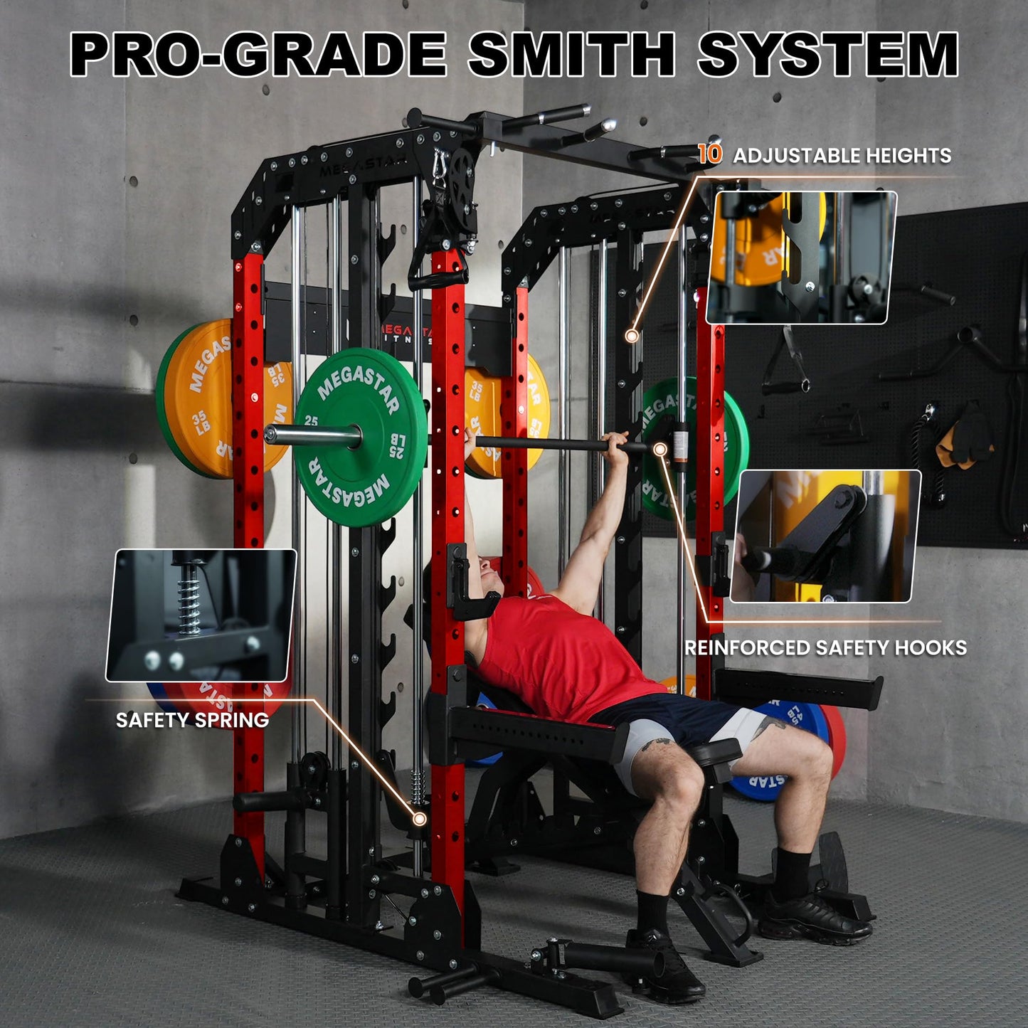 MEGASTAR Smith Machine Home Gym Package - 2000lbs Capacity All-in-One Power Rack with Cable Crossover for Home Gym& Garage, Includes 18 Attachments, P107 Anvil Red