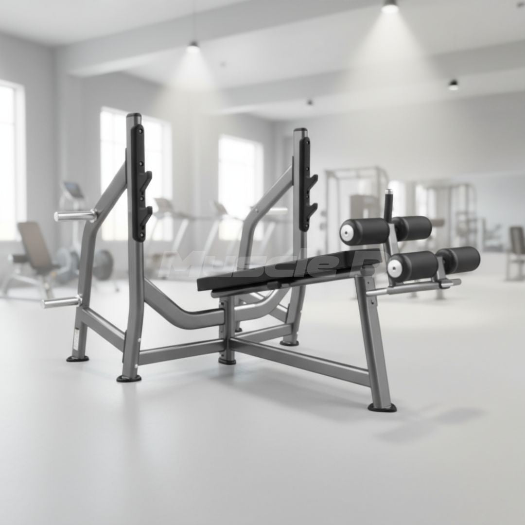 Decline Bench - Olympic - Muscle D Fitness -  Padded Foot Rollers - Plate Storage