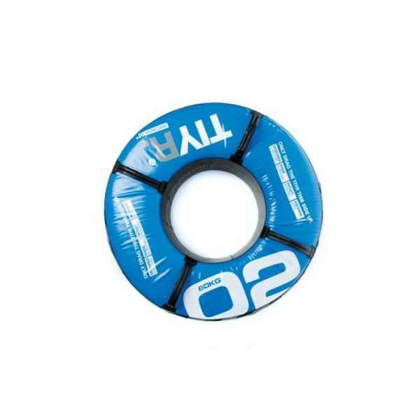 Blue synthetic training tyre with black reinforcing straps and handles, marked 60 kg; Inside Diameter 20"
