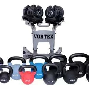 kettlebells Neoprene Coated in assorted colors, with black handles and visible weight markings arranged on a rack