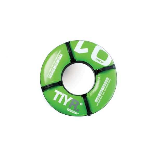 Green TIYR training tyre with black handles and white lettering, featuring a circular opening; Outside Diameter 34